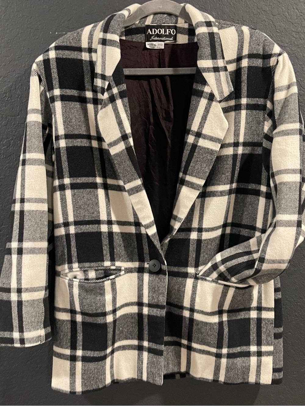 Adolfo Black & White Plaid Single-Button Suit Jacket